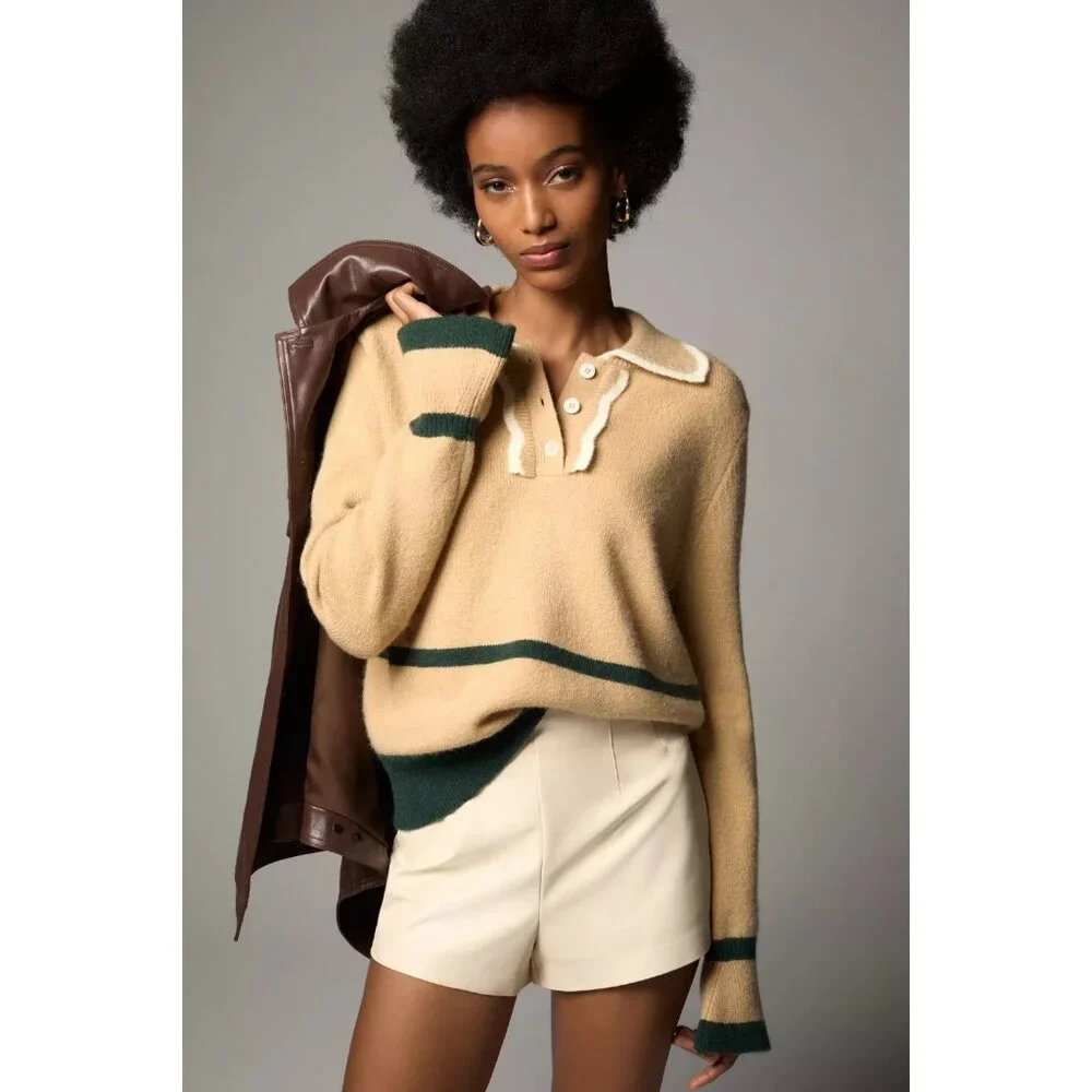NWT Anthropologie Maeve Scallop Collared Sweater in Neutral Green Trim Top XS - Picture 2 of 7